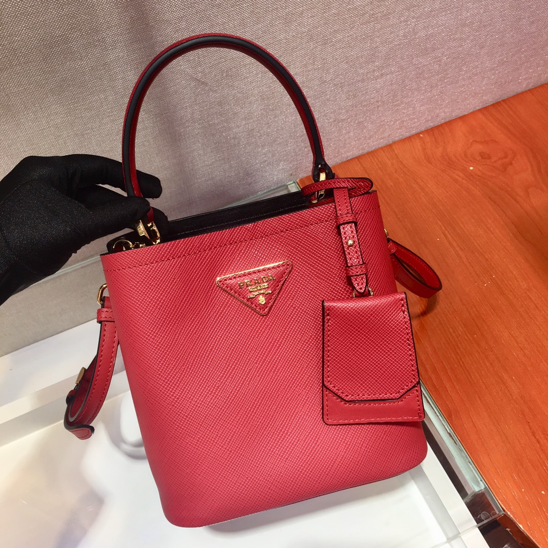 Prada Small Saffiano Leather Panier Bag Red/Black 1BA217